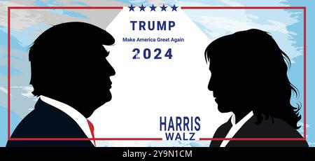 Charakterdarstellung von Kamala Harris, der sich gegen Donald Trump stellt. Stockfoto