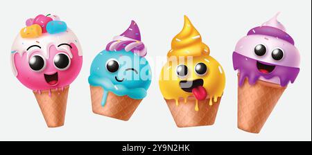 Eiscreme Charakter Geburtstag Vektor Set Design. Geburtstagseisfiguren Erdbeeren-, Heidelbeeren- und Käsearomen mit lächelndem Gesicht und lecker Stock Vektor