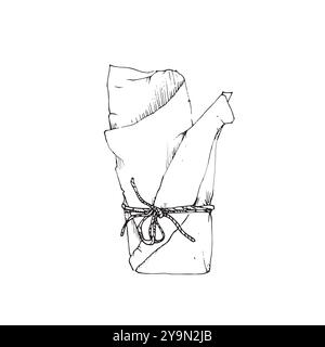 Papierverpackungsskizze handgezeichnet. Mit einer Schnur gebundener Kraftumschlag zum Einwickeln von Lebensmitteln oder Blumen Stock Vektor