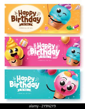 Alles Gute zum Geburtstag Gruß Vektor Banner Set Design. Geburtstagsgrußtext mit niedlichen, lächelnden Eisfiguren in farbenfroher Hintergrundkollektion Stock Vektor
