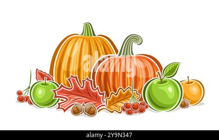 Vektor Thanksgiving Logo, horizontales Poster mit Cartoon Design Thanksgiving Komposition mit Eiche und Ahornblättern, grünen Äpfeln und Kürbissen, Dekor Stock Vektor