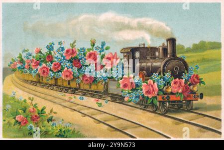 Vintage-Misch & Co. Chromo-litho-Postkarte aus ihrer „Flower Railway“-Serie. Veröffentlicht in 1909. Stockfoto