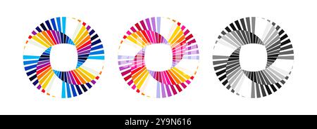 Kreisförmiges, spiralförmiges geometrisches Muster, Symbolsatz für Kameraauslöser. Optische Illusion des Gradientenspektrums, die dem Farbrad ähnelt, isoliert auf weißem Hintergrund Stock Vektor