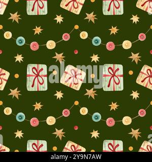 Muster für Neujahr, Weihnachten, Geburtstag und andere Feiertage. Nahtloses Weihnachtsmuster mit Geschenkboxen auf grünem Hintergrund. Neujahrsaquarell Stockfoto