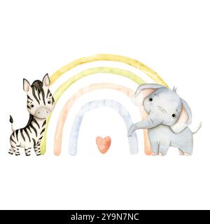 Handgezeichnete Safari Aquarellillustration mit Elefantenbaby, Zebra und Regenbogen für Kinder Stockfoto