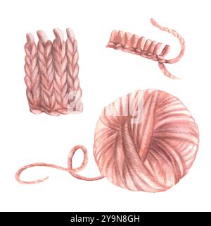 Ein Knäuel Garn, ein Knäuel aus Strickgarn. Rosafarbene, pastellfarbene gestrickte oder gestrickte Artikel. Handgezeichnete Illustration für handgemachte, Hobby Stockfoto