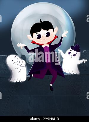 Ein magischer Vampir mit Geistern, die bei Vollmond auf einem Burgturm tanzen. Cartoon Illustration für Halloween. Stockfoto