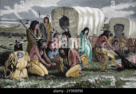 US. Oregon, Kalifornien. Indianer, nachdem sie eine Siedlerkarawane überfallen haben. Frau gefangengehalten. Stich von W.M.Cary. Harper's Weekly, 1870. Stockfoto