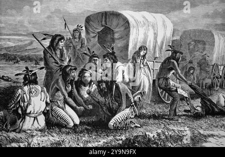 US. Oregon, Kalifornien. Indianer, nachdem sie eine Siedlerkarawane überfallen haben. Frau gefangengehalten. Stich von W.M.Cary. Harper's Weekly, 1870. Stockfoto