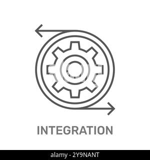 Die Abbildung zeigt ein Zahnradsymbol, umgeben von zwei Pfeilen, die einen Kreis bilden und die Integration symbolisieren, wahrscheinlich in einem Technologie- oder Softwarekontext Stock Vektor