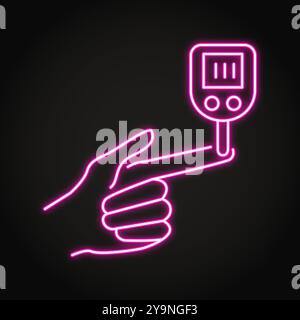 Blutzuckerspiegel-Test Neon-Symbol. Hand mit Glukosemessgerät, Glukometer. Vektorabbildung Stock Vektor