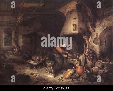 OSTADE, Adriaen Jansz. Van (* 1610, Haarlem, d. 1685, Haarlem) Alchemist 1661 Oil on Oak, 34,2 x 45,2 cm National Gallery, London Ostade wurde von Adriaen Brouwer und Rembrandt beeinflusst. Er malte hauptsächlich realistische Genrebilder aus dem Leben der Bauern. Das Thema der Alchemisten wurde im 17. Jahrhundert häufig mit satirischer Behandlung dargestellt. Der baufällige Zustand des Innenraums ist vermutlich die Folge des törichten Geschäftsvorhabens des Alchemisten. Diese Insolvenz wurde in der niederländischen Republik heftig satirisiert, da der Staat von der finanziellen Verantwortung abhängig war Stockfoto