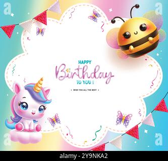 Happy Birthday Einladung Vektor Vorlage Design. Geburtstagsgrußtext in leerem Raum mit Einhorn- und Bienenfiguren für Partyeinladungen Stock Vektor