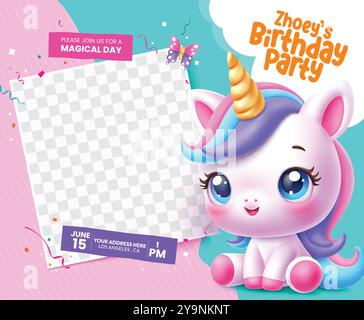 Geburtstagsparty Einladung Vektor Vorlage Design. Happy Birthday Gruß mit leerem Platz für Celebrant-Bild und niedlichen Einhorn-Charakterelementen Stock Vektor