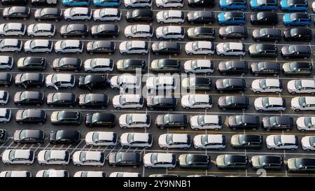 NINGDE, CHINA – 10. OKTOBER 2024 – Fahrzeuge, die bei einem Automobilhersteller geparkt sind, werden in Kürze auf den Markt in Ningde, Provinz Fujian, Chi, gebracht Stockfoto