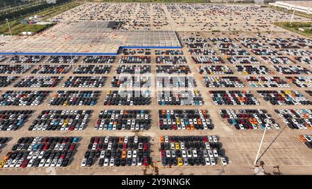 NINGDE, CHINA – 10. OKTOBER 2024 – Fahrzeuge, die bei einem Automobilhersteller geparkt sind, werden in Kürze auf den Markt in Ningde, Provinz Fujian, Chi, gebracht Stockfoto