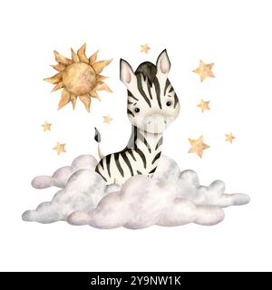 Handgezeichnete Safari Aquarellillustration mit Babyzebras, Wolken, Sonne und Sternen für Kinder Stockfoto