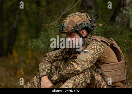 Profilporträt eines Militärs mit Helm und Körperpanzer im Wald Stockfoto