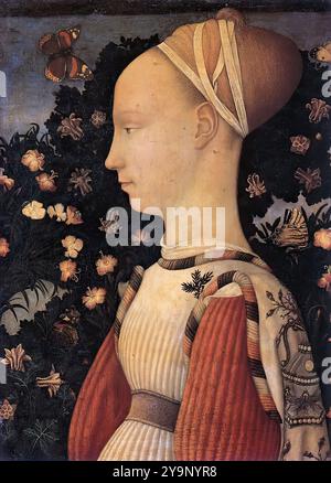 PISANELLO (* 1395, Pisa, d. 1455, Roma) Porträt einer Prinzessin des Hauses Este 1436-38 Tempera auf Holz, 43 x 30 cm Musée du Louvre, Paris, einige italienische Maler, die Anfang des 15. Jahrhunderts tätig waren, als Gotik oder Renaissance einzustufen, ist ziemlich schwierig. Pisanello verwendete mittelalterliche Muster auf „moderne“ Weise, durch die Komposition, die „malerische Architektur“ von Masolino oder Masaccio, ohne jedoch mit ihrem mathematischen Modell der Perspektive vertraut zu sein. In der Folge verließ er sich manchmal auf mittelalterliche Techniken. Dieses Porträt einer jungen Frau (vermutlich G) Stockfoto