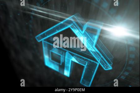 Home IoT Smart House Ai Symbol digitales Konzept. Netzwerk-, Cyber-Technologie-Zeichen und abstrakte 3D-Illustration des Computerhintergrunds. Stockfoto