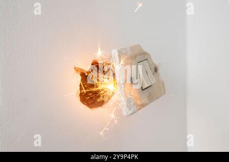 Kurzschluss Funken und Flammen in einer gestreiften, gebrochenen Steckdose auf einem weißen Wandhintergrund , Kurzschluss Stockfoto
