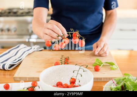Frauenhände halten Kirschtomaten Stockfoto