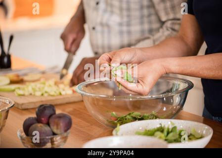 Nahaufnahme der Hände Vorbereitung einer gesunden Mahlzeit Stockfoto