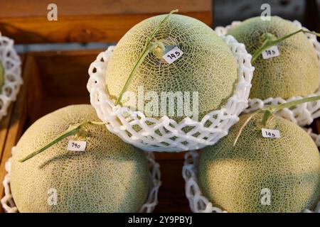 Haufen reifer Cantaloupe zum Verkauf auf dem Markt Stockfoto