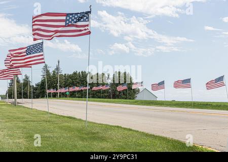 Straße gesäumt von amerikanischen Flaggen auf einem grasbewachsenen Gebiet Stockfoto