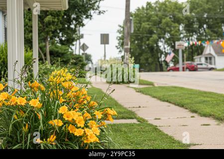 Bürgersteig mit gelben Blumen im Vordergrund Stockfoto