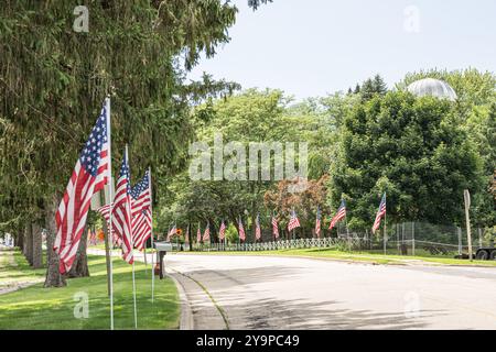 Straße gesäumt von amerikanischen Flaggen auf einem grasbewachsenen Gebiet Stockfoto