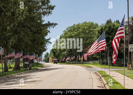 Straße gesäumt von amerikanischen Flaggen auf einem grasbewachsenen Gebiet Stockfoto