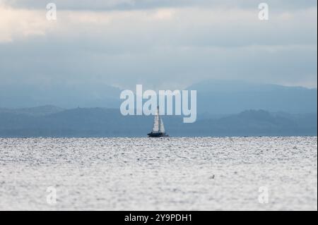 Konstanz, Deutschland. Oktober 2024. Ein Segelboot kann vor den Schweizer Alpen gesehen werden. Nach der Durchquerung des ehemaligen Hurrikans Kirk erwartet Baden-Württemberg am Wochenende kühles und wechselhaftes Wetter. Quelle: Silas Stein/dpa/Alamy Live News Stockfoto