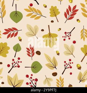 Nahtloses Herbstmuster mit Blättern, Eicheln, Beeren. Stock Vektor