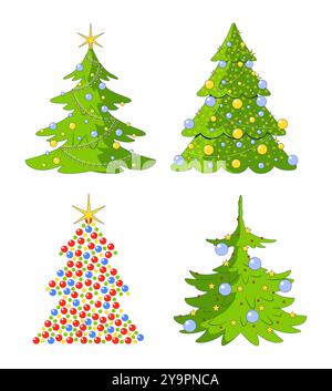 Weihnachtsbaumkugeln mit funkelnden 2D-Zeichentrickobjekten Stock Vektor