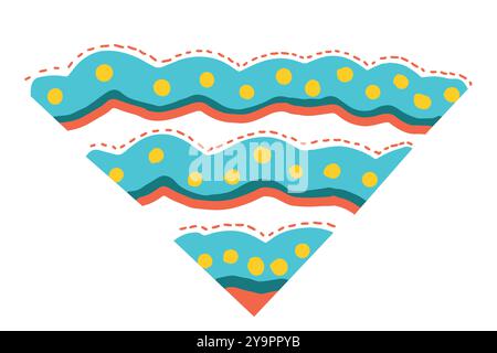 Bunte abstrakte Wellen mit Punkten, die eine geometrische Dreiecksform bilden. Memphis-Design mit leuchtenden Farben und verspielten Mustern. Begriff der Abstra Stock Vektor