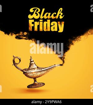 Black Friday-Werbung mit schwarzem Rauch aus einer magischen Lampe, Verkaufs- und Einkaufskonzept eines Dschinnes Stockfoto