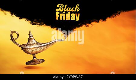 Black Friday-Werbung mit schwarzem Rauch aus einer magischen Lampe, Verkaufs- und Einkaufskonzept eines Dschinnes Stockfoto