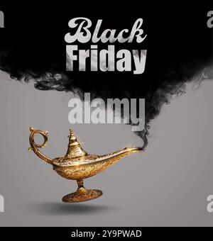 Black Friday-Werbung mit schwarzem Rauch aus einer magischen Lampe, Verkaufs- und Einkaufskonzept eines Dschinnes Stockfoto