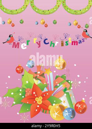 Frohe Weihnachten steht auf der Karte. Die Karte hat ein farbenfrohes Design mit einem Vogel und einer Topfpflanze. Die Topfpflanze ist mit einem Variie verziert Stock Vektor