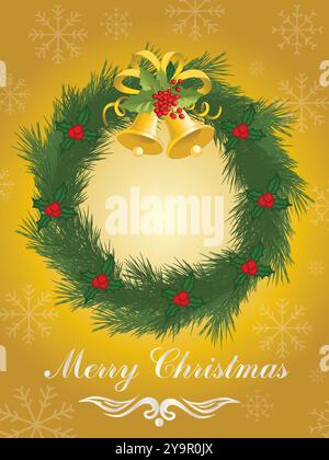 Frohe Weihnachten steht auf gelbem Hintergrund. Ein Kranz mit Glocken und Beeren drauf Stock Vektor