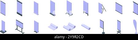 Symbole für Rollup-Modell festgelegt. Großer Satz verschiedener leerer Banner steht für isometrische Ansichten für Außenwerbung und Innenwerbung, isoliert auf weißem Hintergrund Stock Vektor