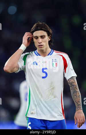 Rom, Italien. Oktober 2024. Riccardo Calafiori von Italien reagiert während der UEFA Nations League, der Liga A und des Gruppenspiels A2 zwischen Italien und BE Stockfoto
