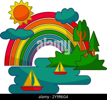 Farbenfrohe Landschaftskomposition im Cartoon-Stil mit Booten, die durch die Sonnenwolken und den Regenbogen des Flusses segeln Stock Vektor