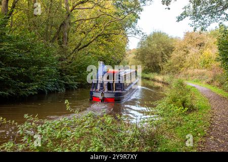 Mann auf einem Kanalschmalboot auf dem Caldon-Kanal, als er durch die Landschaft von Staffordshire in der Nähe von Cheddleton fährt Stockfoto