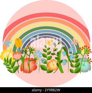 Blumenkomposition mit blühenden Sommerpflanzen und Regenbogenzeichnung im flachen Cartoon-Stil Stock Vektor