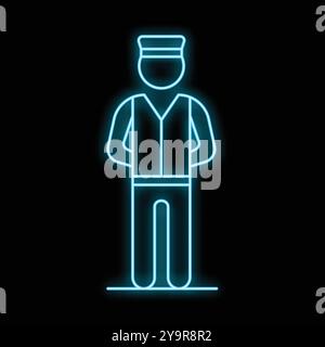 Neonblau leuchtendes Symbol des Piloten, der mit den Händen hinter dem Rücken auf schwarzem Hintergrund steht Stock Vektor