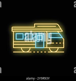 Leuchtendes Neonsymbol, das einen Reiseanhänger darstellt, isoliert auf schwarzem Hintergrund, perfekt zur Illustration von Freizeitfahrzeugen und Reisekonzepten Stock Vektor