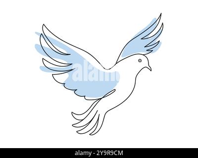 Minimalistische Linienkunst der Taube im Flug mit hellblauen Akzenten. Durchgehende einzeilige Zeichnung. Fliegende Taube. Das Konzept von Frieden, Freiheit, Hoffnung. Isolierter o Stock Vektor
