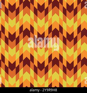 Retro 70er Jahre geometrischer Chevron und quadratische Formen nahtloses Muster in Orange, Gelb und Braun. Für Web-Hintergrund, Visitenkarte und Hintergrundbild Stock Vektor